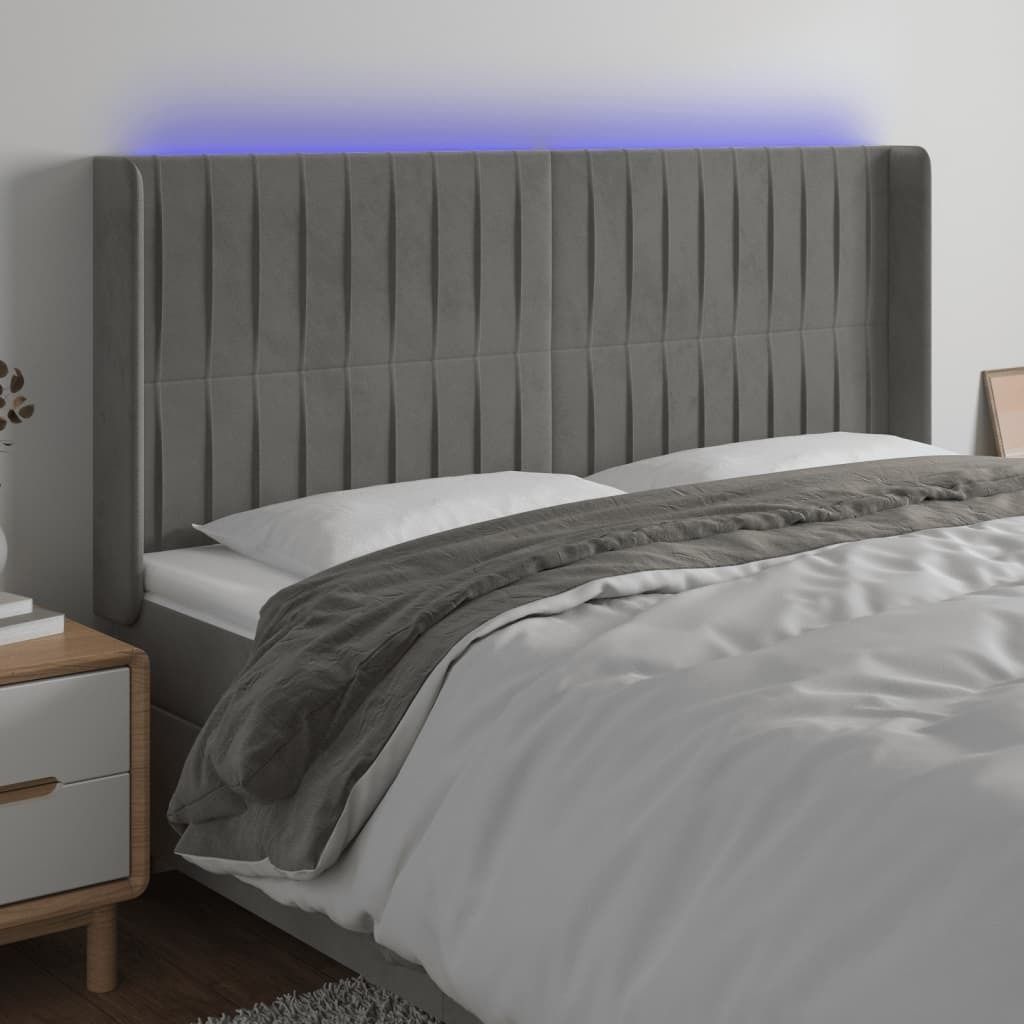 The Living Store LED Kopfteil Hellgrau 183x16x118/128 cm Samt