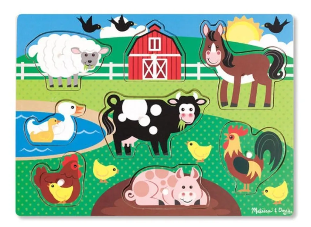 Jouet d'éveil en bois : Puzzle à encastrements animaux ferme de 7 pièces
