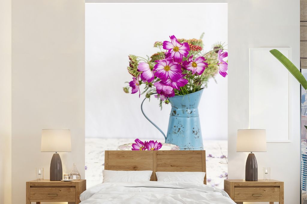 MuchoWow Fototapete für Wohnzimmer oder Schlafzimmer Wandtapete Vinyl Motivtapete Krug - Blumen - Lila - 160x240 cm - Vinyltapete