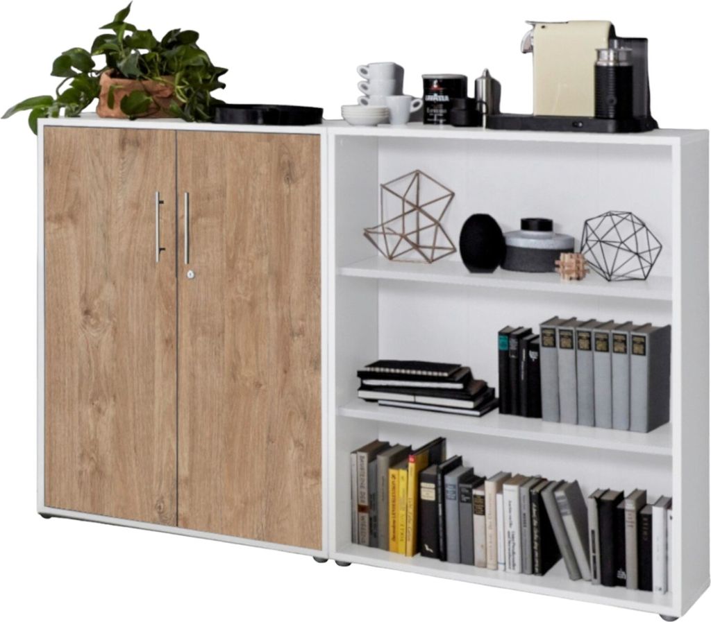 Aktenschrank TABOR 1 niedrig in weiß / Gold Harbor Oak, Schrankwand, Büroschrank, abschließbar, Metallgriffe