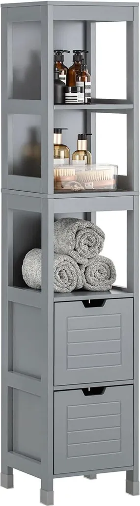 SoBuy Armoire de salle de bain haute grise 30x30x145cm à 2 tiroirs