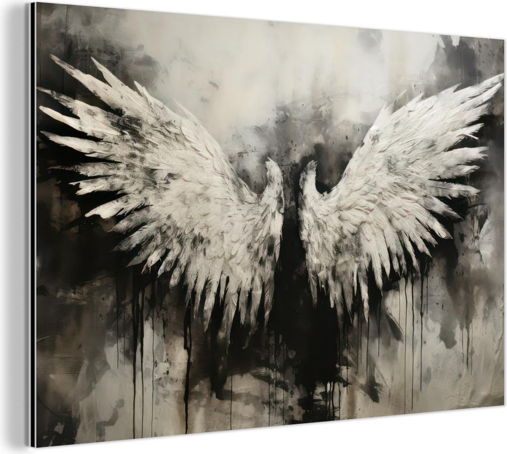 MuchoWow Wanddekoration Metall Metallbild Wandkunst 90x60 cm Flügel - Engel - Schwarz - Weiß - Abstrakt MuchoWow Aluminium Gemälde - Wandbilder