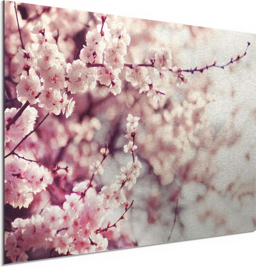 DEQORI Alu-Dibond Bild Silber 60x40 cm 'Kirschblütenzweige' Wandbild Metall dünn Design