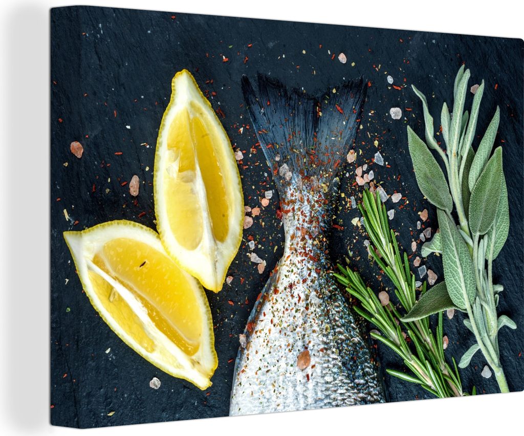 OneMillionCanvasses - Leinwandbilder - 140x90 cm, Fisch - Zitrone - Kräuter, Wandbilder Kunstdruck Wanddekoration - Foto auf Leinwand - Gemälde...
