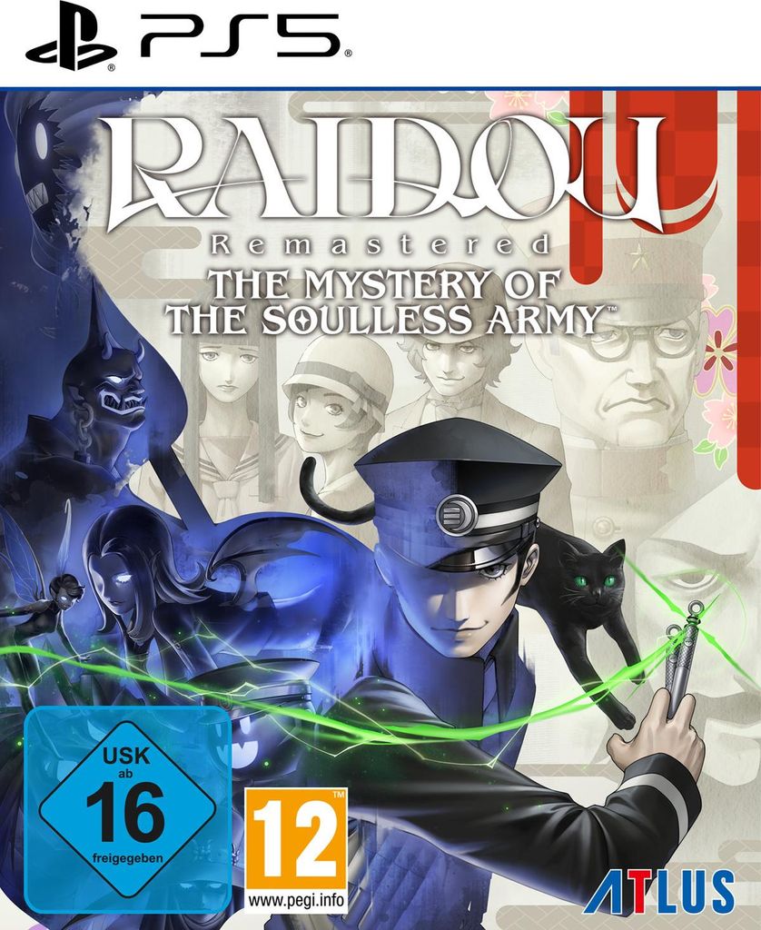 The image is a video game cover art for 'Raidou Remastered: The Mystery of the Soulless Army' on PS5. It features characters from the game, the game title, and age rating symbols.