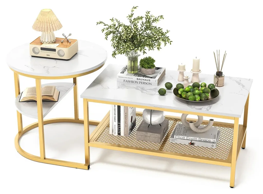 Tables basses dorées avec rangement et plateau effet marbre italien