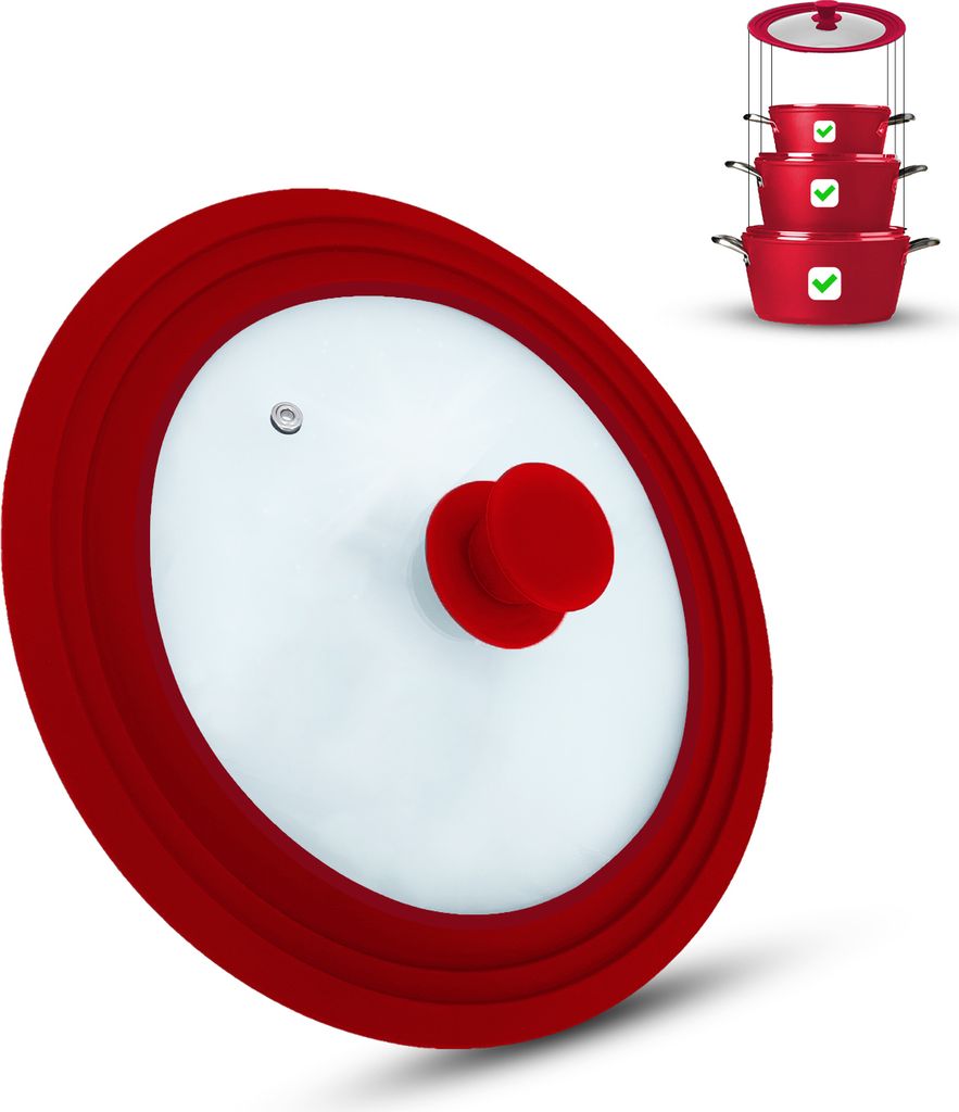 Universal Glasdeckel, Glasdeckel, Deckel, Töpfe und Pfannen, mit Auslassventil und Silikonrand. (20-22-24,Rot)