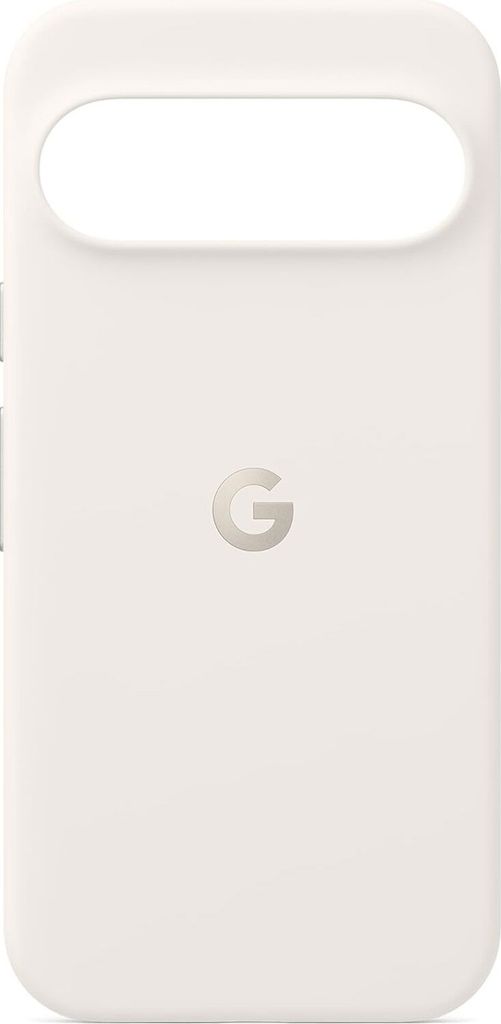 A white phone case with a Google logo in the center.