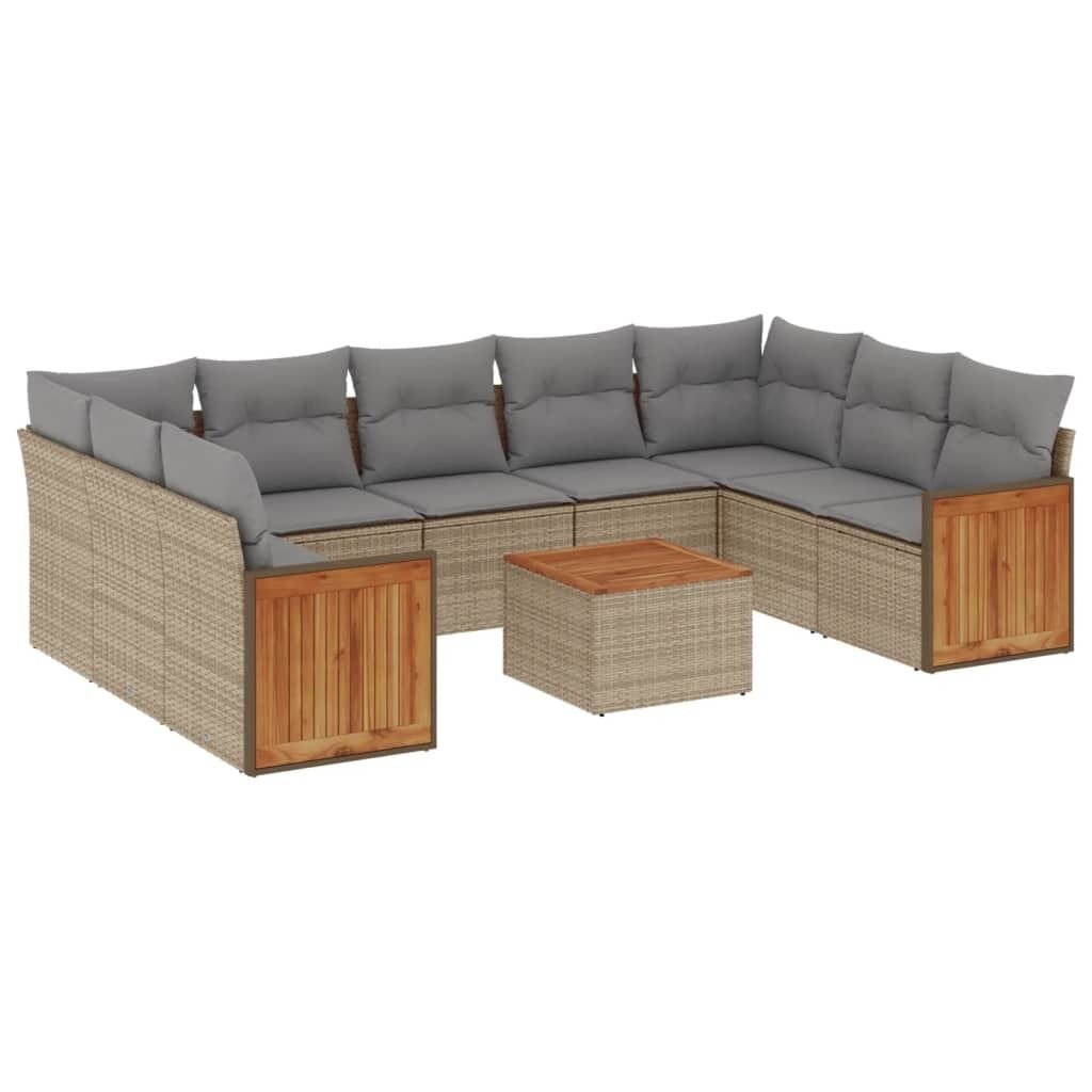 vidaXL 10-tlg. Garten-Sofagarnitur mit Kissen Beige Poly Rattan