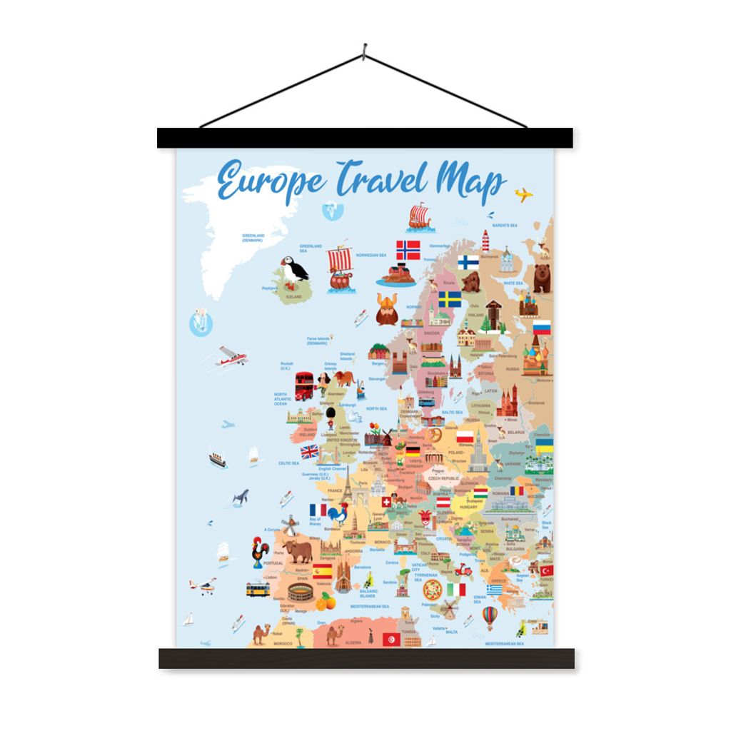 MuchoWow Textilposter Karte - Europa - Reisen 120x160 cm mit schwarzem Rahmen - Magnetischer