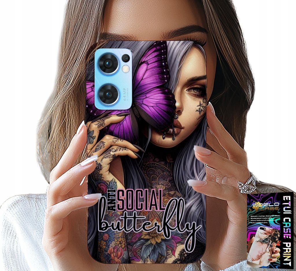 Hülle für Oppo Reno7 5G - "Anti Social Butterfly" in Rosa mit Schmetterlingsmotiv + Displayschutzfolie
