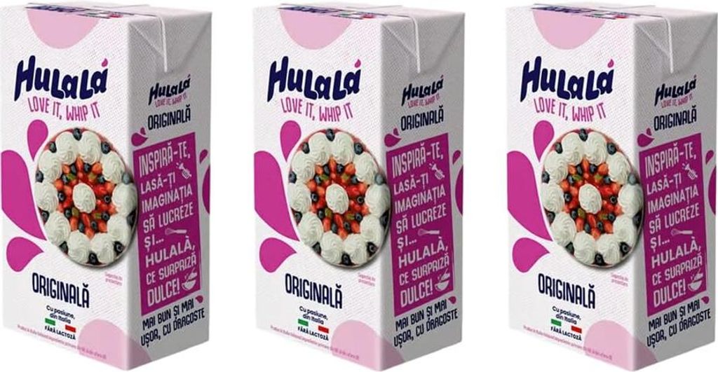 Three identical cartons of Hulalà whipping cream are displayed side-by-side.