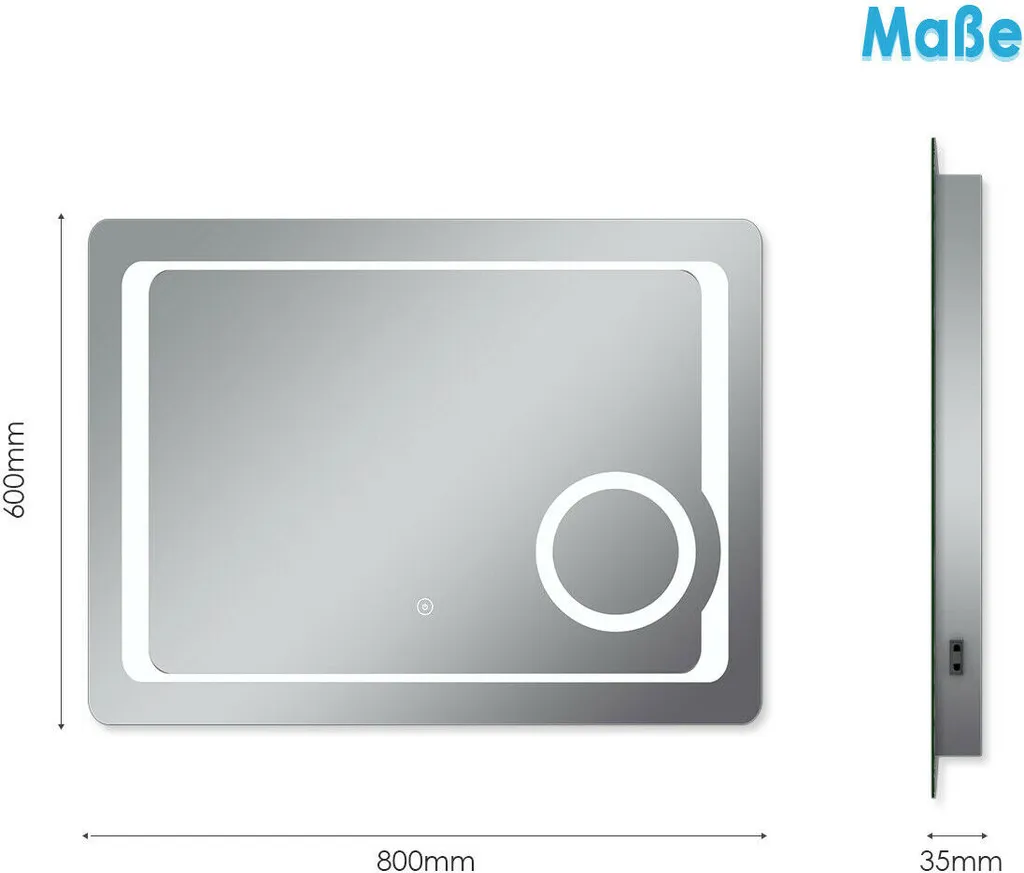 SONNI Specchio da bagno a LED Specchio illuminato senza nebbia 80 x 60 cm Specchio da bagno con illuminazione Interruttore a sfioramento Specchio da parete a LED con presa per rasoio e specchio da trucco con ingrandimento 3x - 10