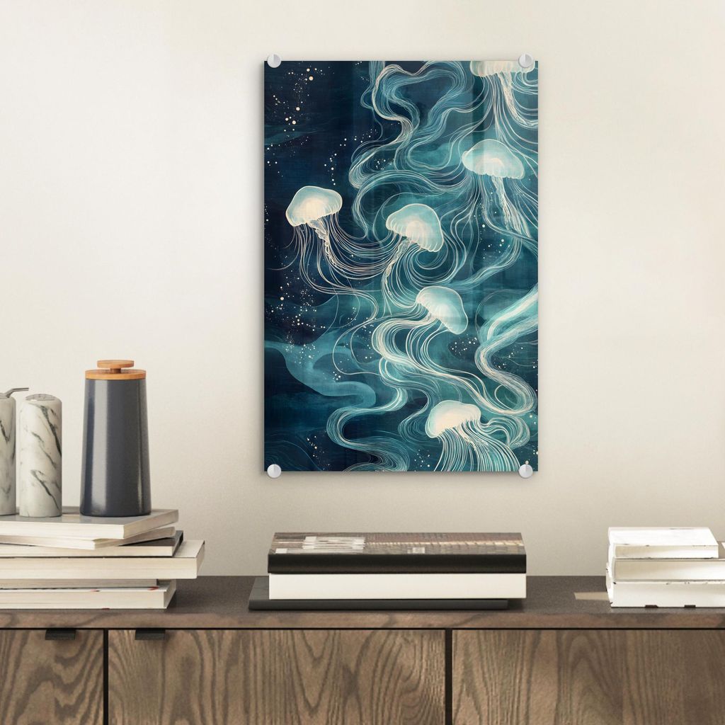 MuchoWow Glasbilder - Bilder auf Wandbild - Foto auf Glas Qualle - Meer - Weiß - Wellen 20x30 cm Wanddekoration aus Glas - Acrylglasbild - Acrylbi...