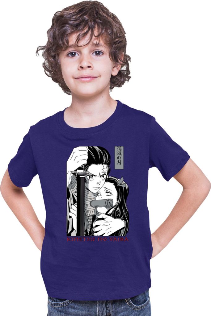 Kinder T-Shirt Demon Anime Slayer Kimetsu No Yaiba Tanjiro Nezuko Kamado 003, 9-11 Jahr - 140 / Dunkelblau