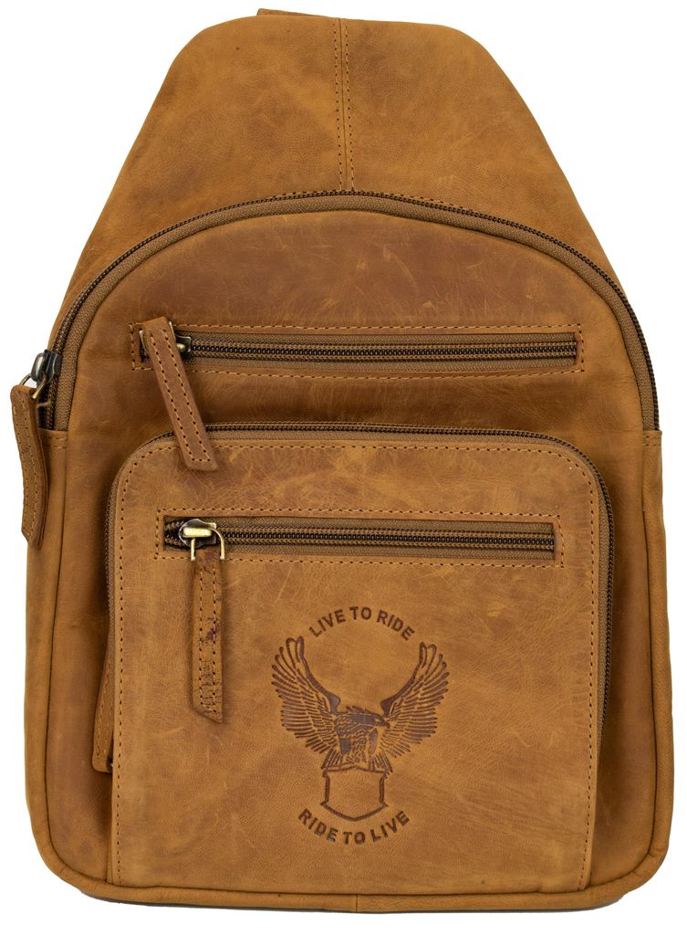 Vintage Herren Leder Brusttasche Motorrad Rucksack Schultertasche Umhängetasche(Cognac)