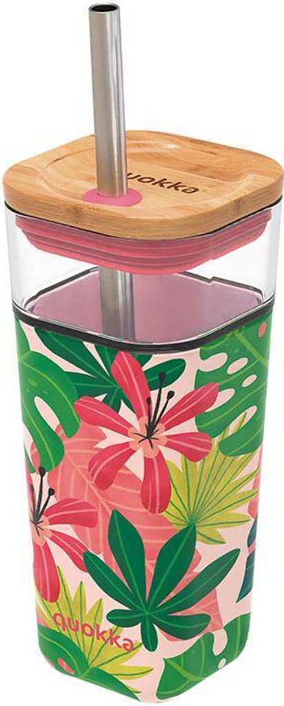Quokka Liquid Cube tasse trinkbecher mit strohhalm 540 ml, pink jungle flora