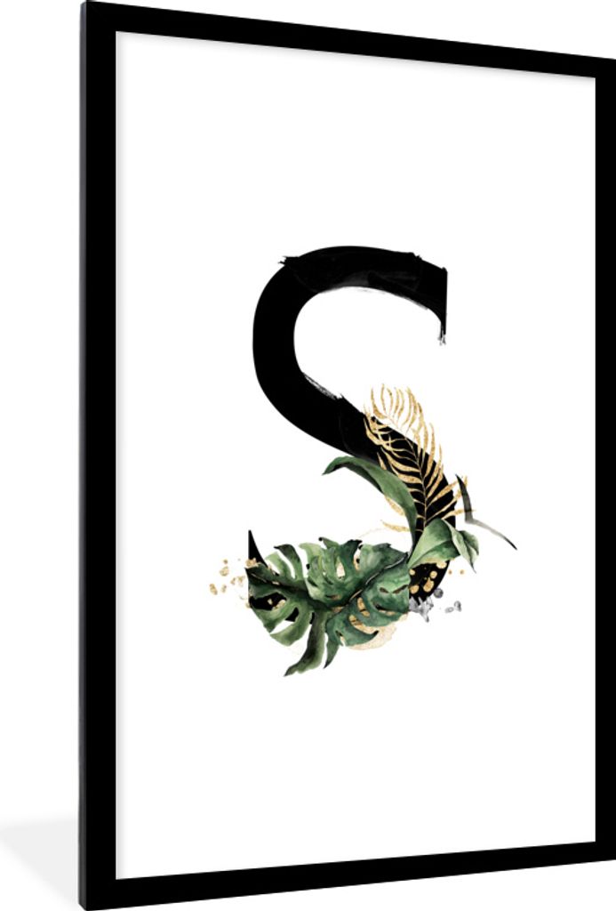 MuchoWow MuchoWow Gerahmtes Poster Weiß - Schwarz - Buchstabe S 60x90 cm - Poster mit zchwarzem Bilderrahmen - Dekoration - Wandposter Wohnzim...