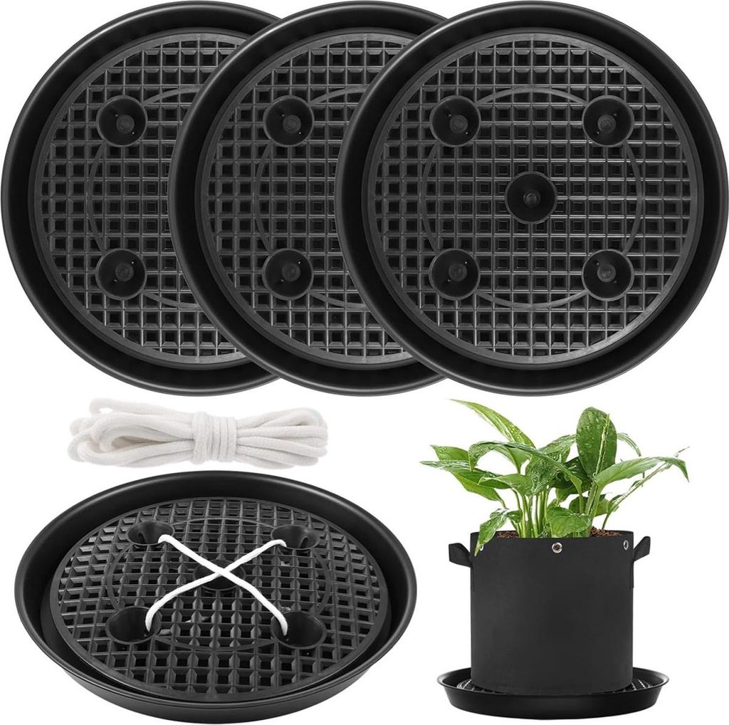 A set of four black plant saucers and a white rope are displayed on a white background, along with a black fabric pot containing a green plant.