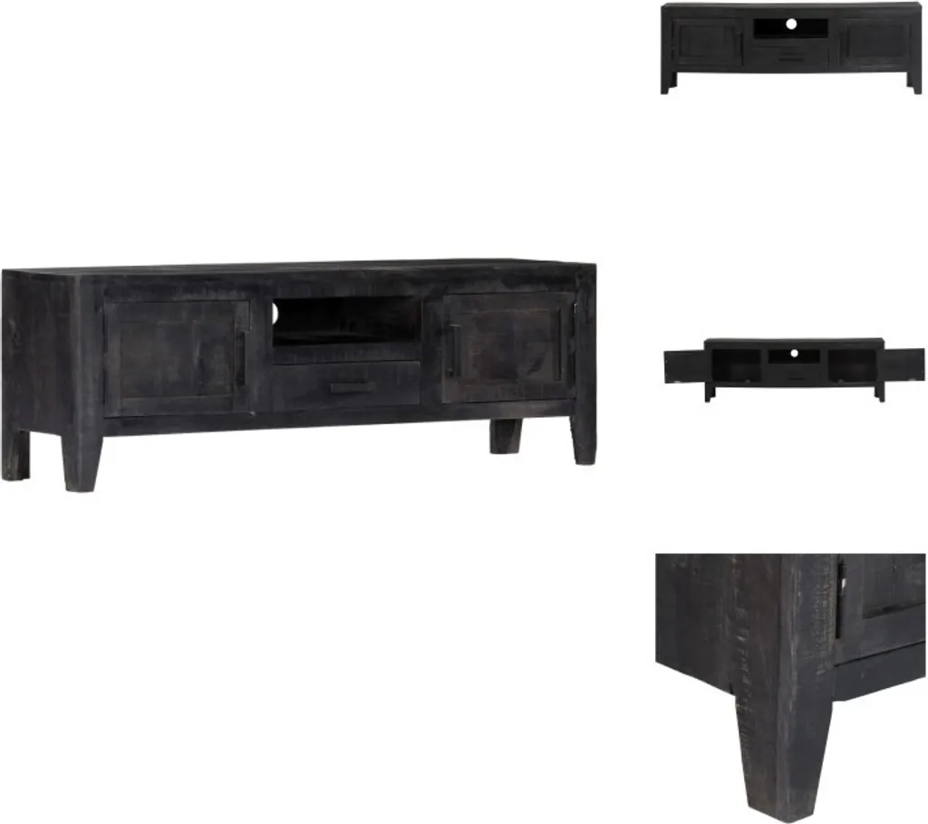 Banc TV Noir en Bois Massif de Manguier 118 cm pour Salon et Multimédia
