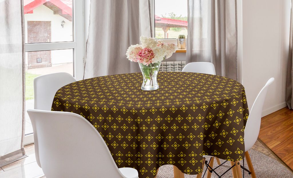 ABAKUHAUS Blumen Runde Tischdecke, Blütenblätter Ethnische Feels, Kreis Tischdecke Abdeckung für Esszimmer Küche Dekoration, 150 cm, Erde Gelb ...