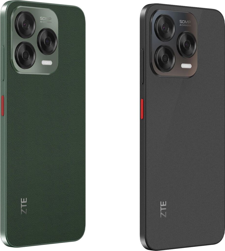 Two ZTE smartphones, one green and one black, are shown side-by-side against a white background.