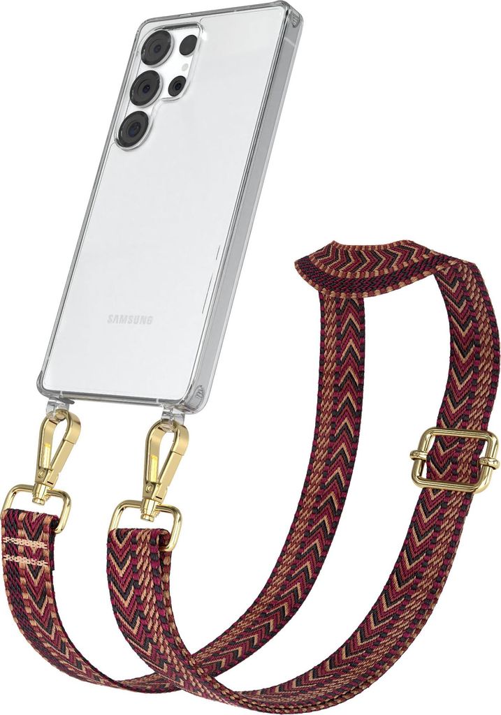 Samsung Galaxy S25 Ultra Chain Eyelets Slim Neck Strap Set Zig Zag Red - Brown 4 Metall Gold