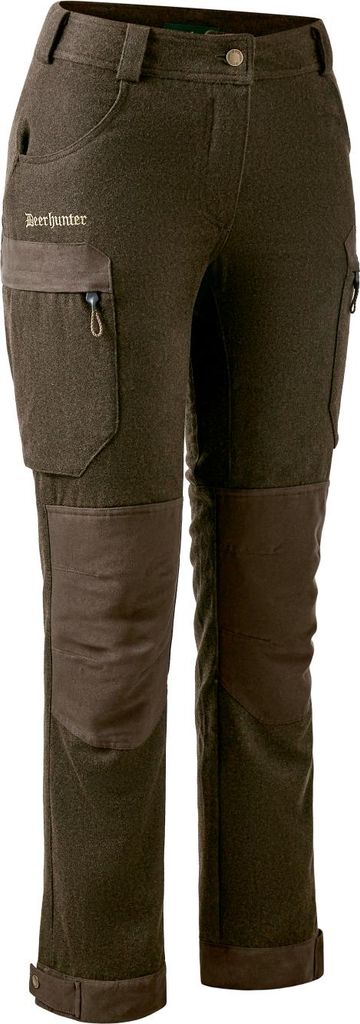 A pair of brown women's trousers with reinforced knees and cargo pockets.