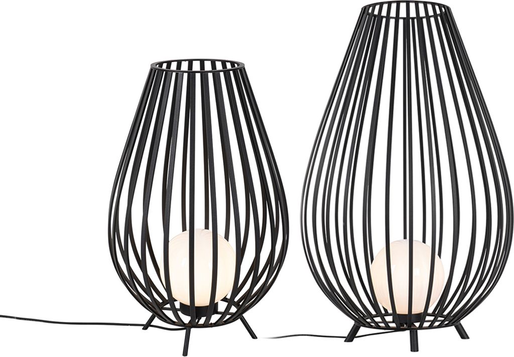 QAZQA - Design Set Stehlampen schwarz mit Opal 110 cm und 70 cm - Angela - Stahl Rund - LED geeignet E27