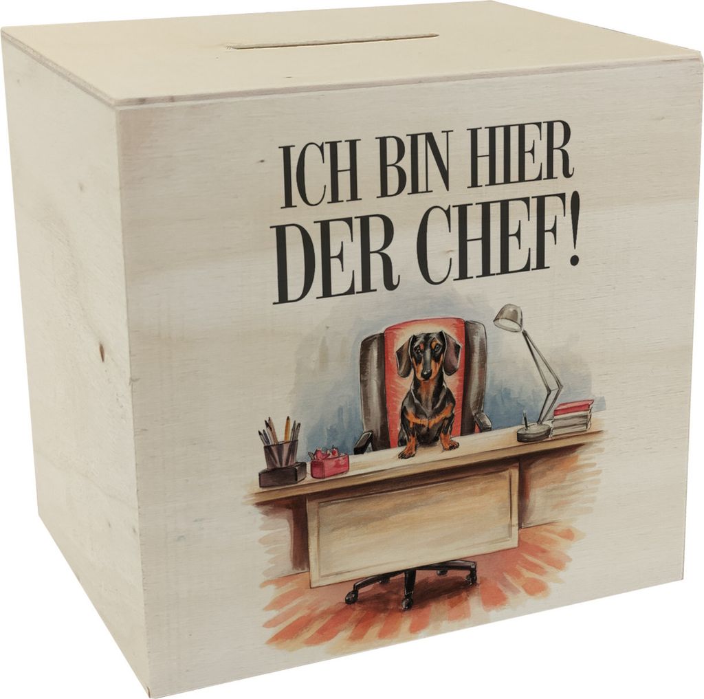 Hier ist der Dackel der Chef Spardose aus Holz - Dackel auf Produktbild 