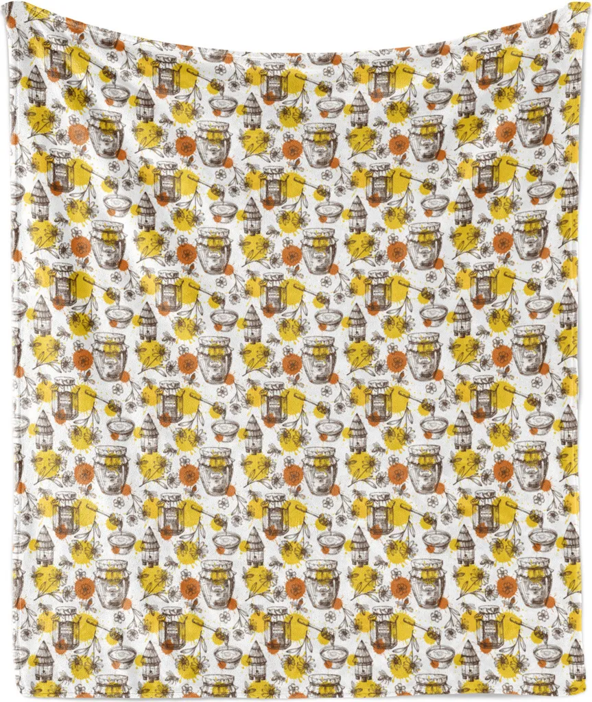 ABAKUHAUS Coperta in morbido pile di flanella, schizzi di colore, fiori, api e barattoli di miele, 175 x 230 cm, senape bianca e zenzero