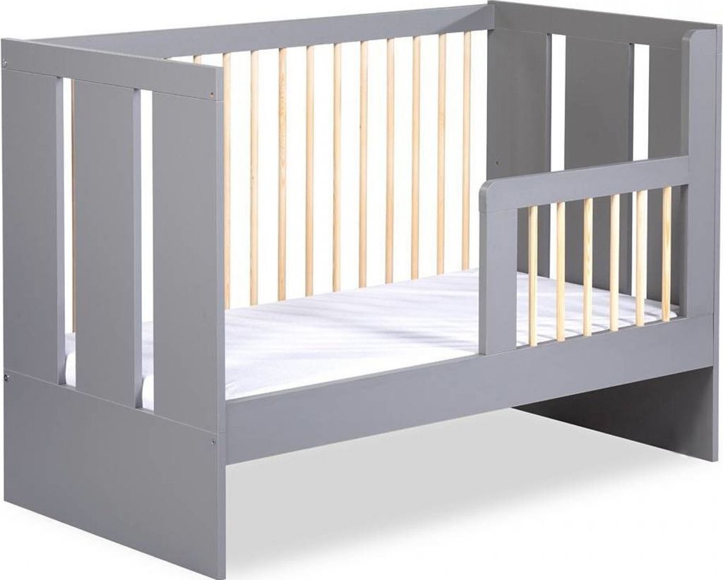 A gray children's bed with wooden slats and a white mattress.