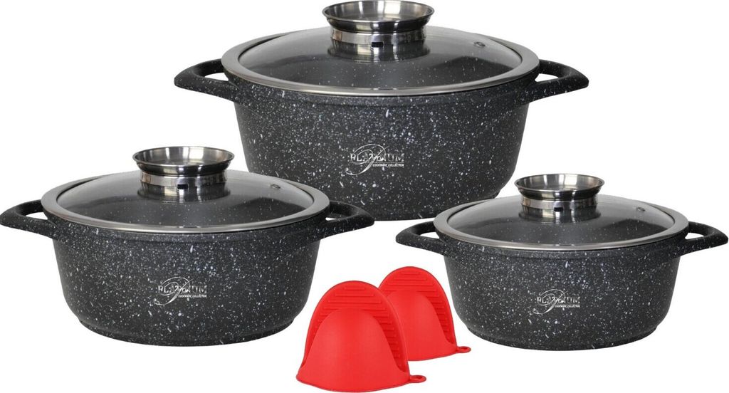 Kochgeschirr 6 teilig Topf Induktion Alu Guss ø 20-28cm Topf Kochtopfset mit Silikongriffe Aluminium Guss Schwarz