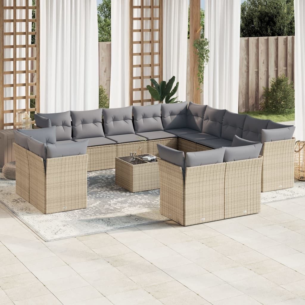 CLORIS 14-tlg. Garten-Sofagarnitur - mit Kissen - Beige Poly Rattan - Gartenmöbelgarnituren LL0000256340