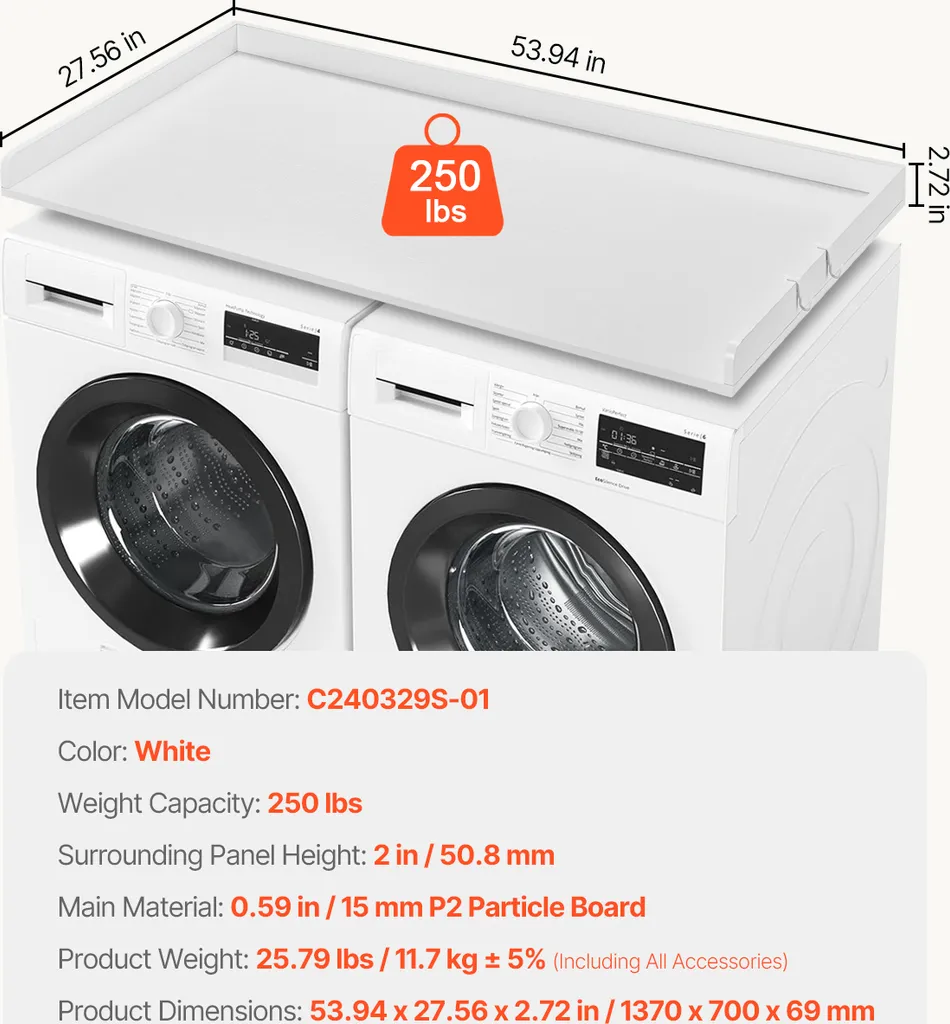 Plan de Travail pour Buanderie 137cm Support Lave-linge et Sèche-linge