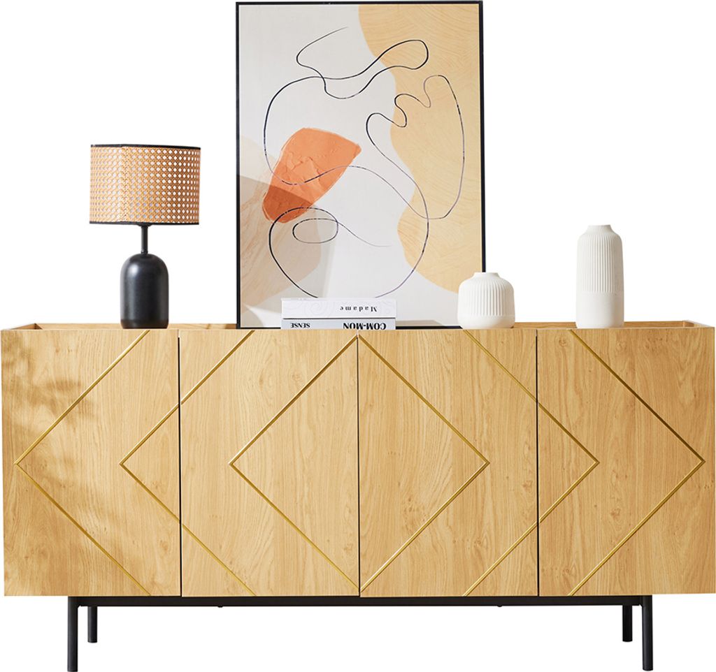 Sideboard mit 4 Türen und Metall Kommode Buffet Schrank Anrichte Beistellschrank Naturholz H 78 cm / B 160 cm / T 40 cm