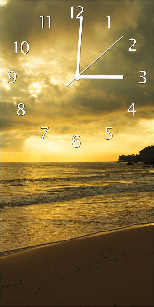 Wallario Design Wanduhr Badestrand auf den Malediven - Stille am Abend aus Echtglas, Größe 30 x 60 cm
