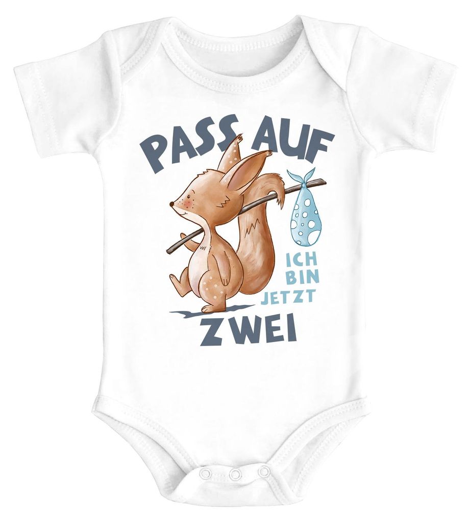 Babybody mit Spruch zum Geburtstag Ich bin jetzt Eins | Zwei | Drei Eichhörnchen Tiere kurzarm Body Baumwolle Moonworks 2 -Jahre weiß 3-6 Monate