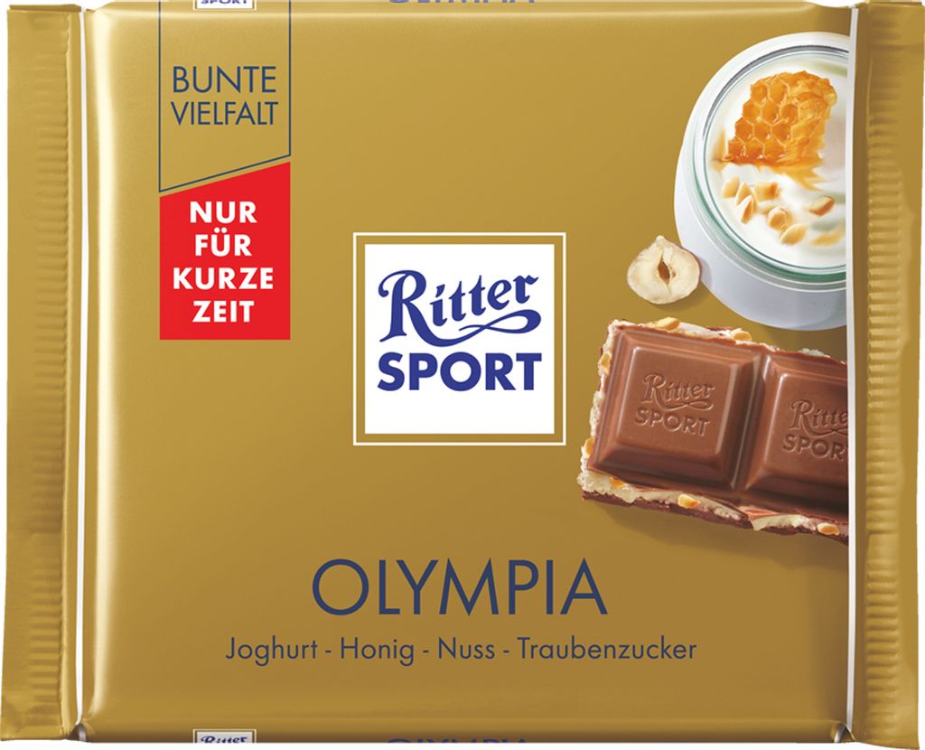 A close-up of a Ritter Sport chocolate bar wrapper with a piece of chocolate shown.
