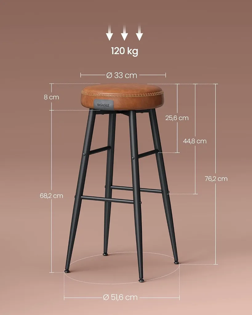 VASAGLE Collezione EKHO - Sgabello da bar, set di 2, sgabello da bar, sedia da cucina, Similcuoio, altezza 76,2 cm, per cucina, sala da pranzo, montaggio facile, marrone caramello - 2