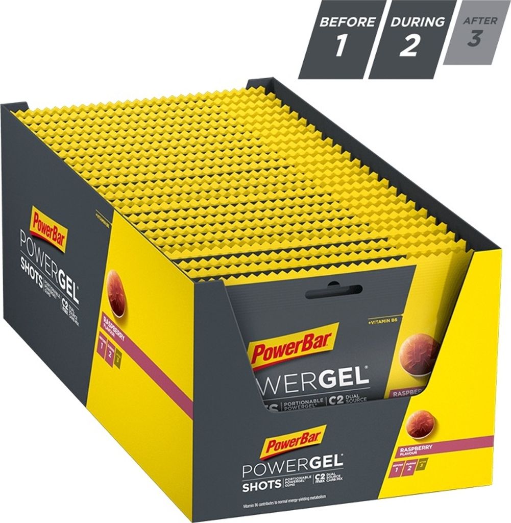 POWERBAR PowerGel Shots Himbeere High Carb Energie Gummis 24x60g koffeinfrei