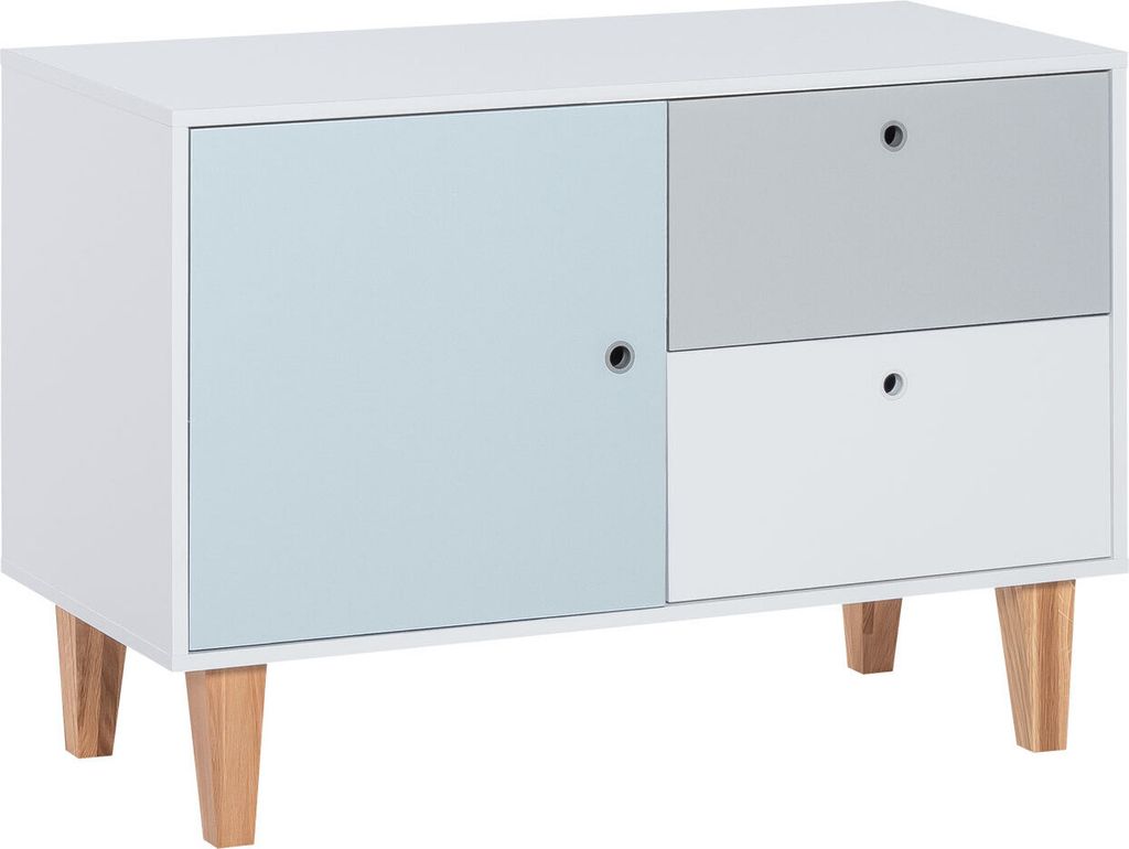 Jugendzimmer - Kommode Syrina 16, Farbe: Weiß / Grau / Blau - Abmessungen: 72 x 103 x 45 cm (H x B x T)