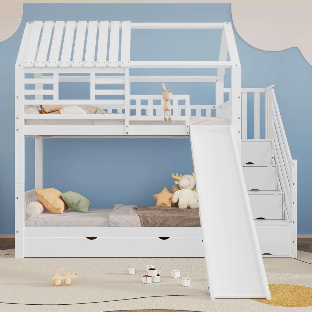 Etagenbett mit Treppe und Rutsche, Hausbett, Treppe mit Stauraum, Rahmen aus Kiefernholz und MDF, Kinderbett mit Fenster und Dach, mit Fallschutzgi...