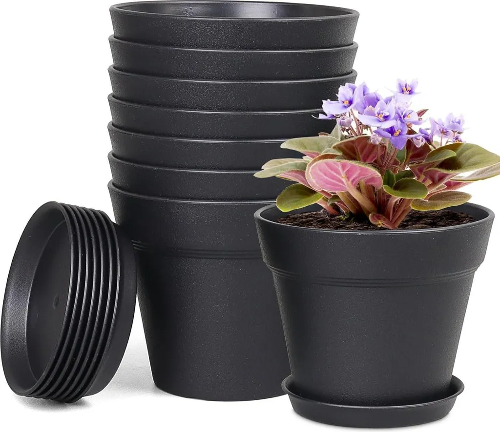 Set de pots de fleurs 10cm noirs avec soucoupes pour jardin intérieur