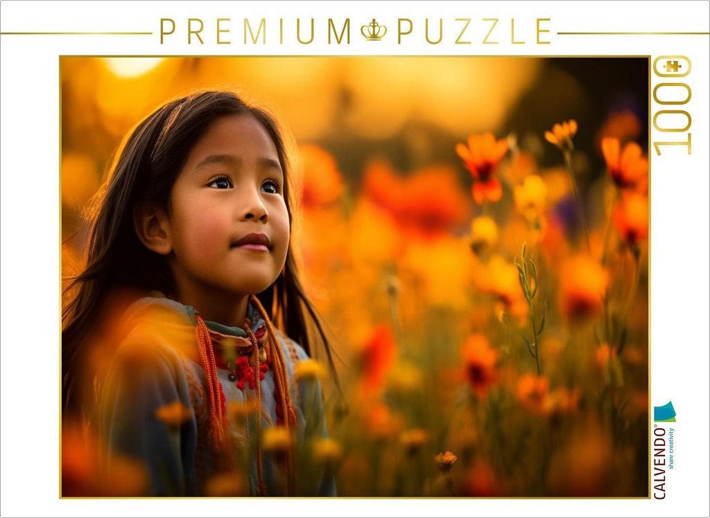 CALVENDO Puzzle Lebensfreude in Blüte: Indianisches Kind im Blumenmeer | 1000 Teile Lege-Größe 64x48cm Foto-Puzzle für glückliche Stunden
