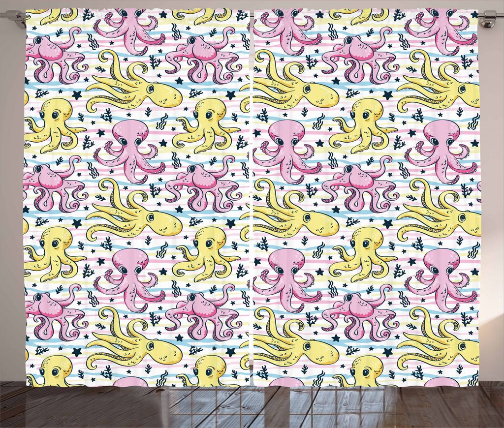 ABAKUHAUS Tintenfisch Rustikaler Vorhang, Cartoon Meerestiere, Wohnzimmer Universalband Gardinen mit Schlaufen und Haken, 280 x 245 cm, Hellblau Ge...