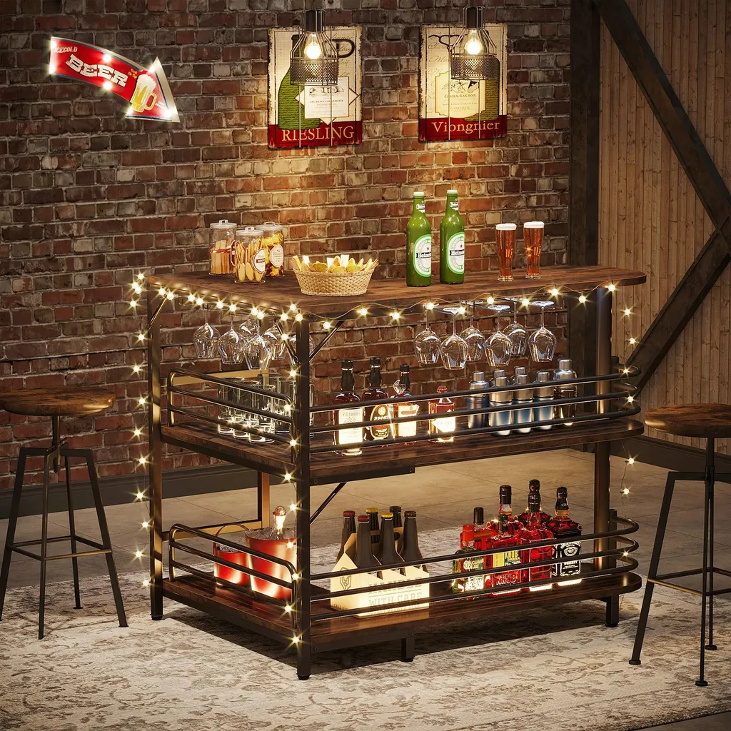 Table de Bar d'Angle Chocolat - Comptoir de Salon avec Rangement de Verres - 5