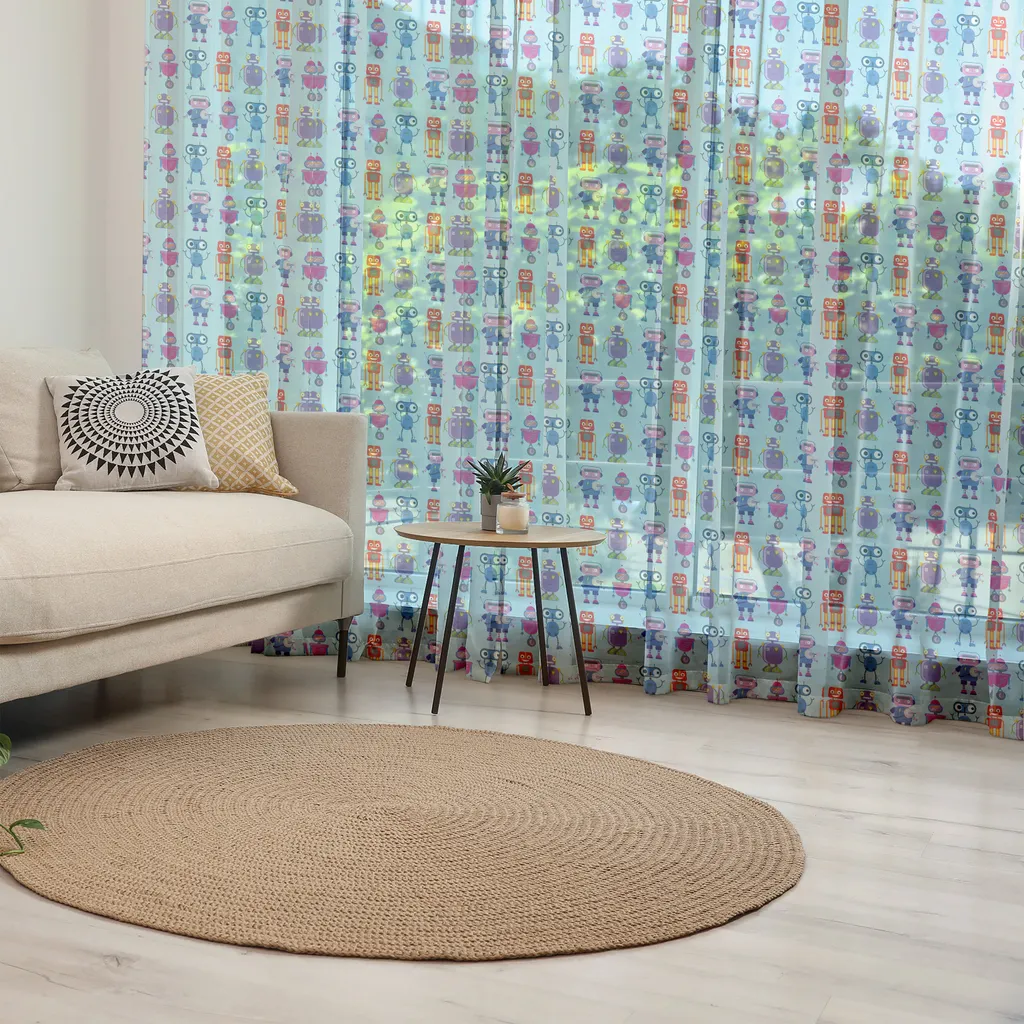 ABAKUHAUS Arazzo extraterrestre, stampa ripetuta di robot colorati dal design meccanico dalle forme divertenti, tessuto satinato setoso per soggiorno e camera da letto, 274 cm x 274 cm, azzurro e multicolore - 2