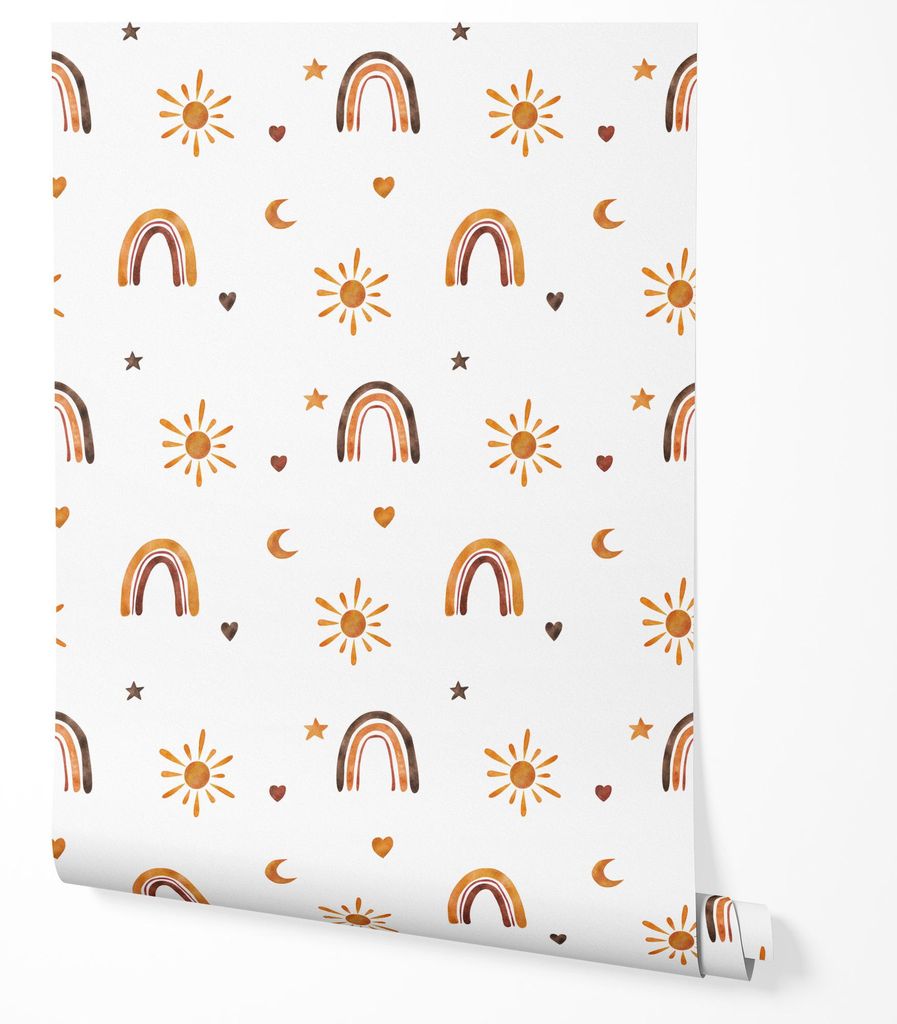 Vliestapete Regenbogen Sonne Sterne Herzen Muster beige braun orange Töne Kinderzimmer Babyzimmer Boho Stil warmes modernes Wanddesign 5m x 0.5m