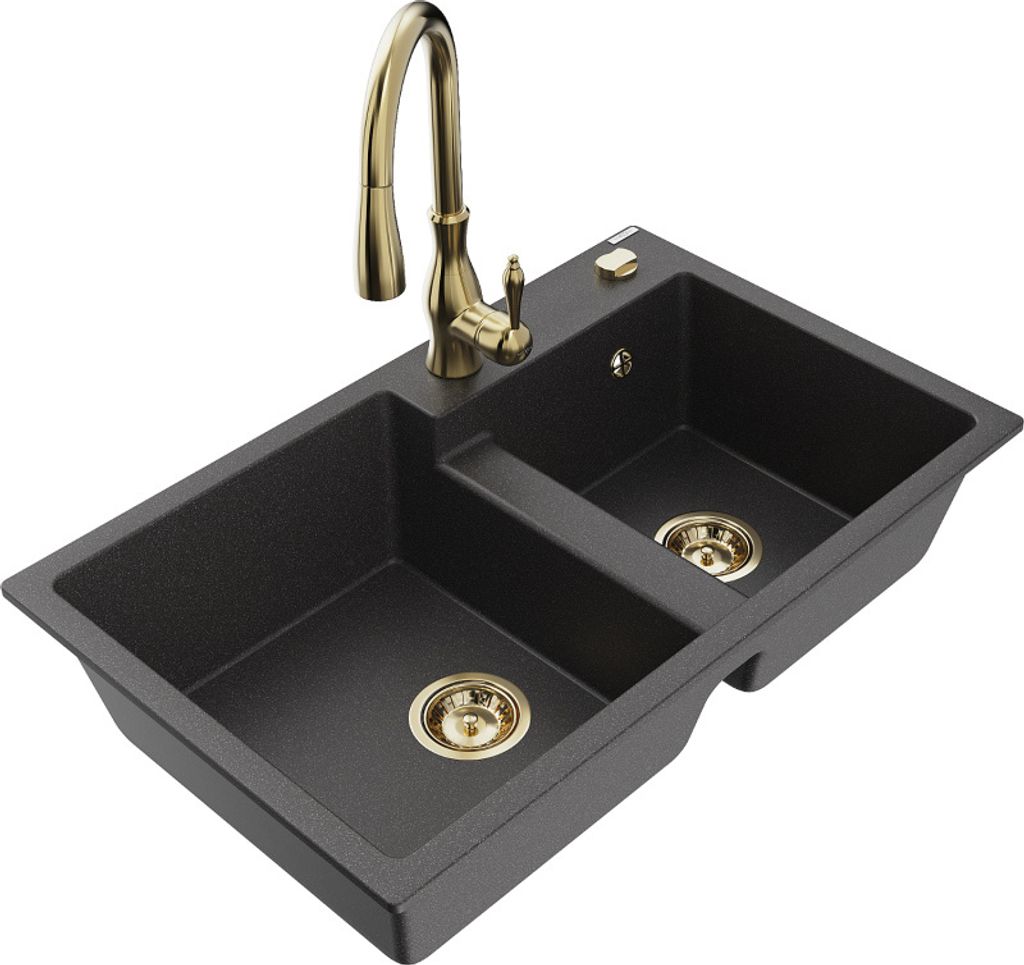 Mexen Tomas 2-Becken-Granitspüle mit Mischbatterie Savita, Schwarz gesprenkelt - 6516-76-672601-50